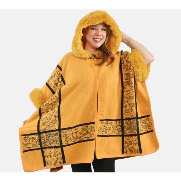 Instyle Yellow Plaid Faux Fur Ruana - One Size Fits Most - Picture 4 of 6